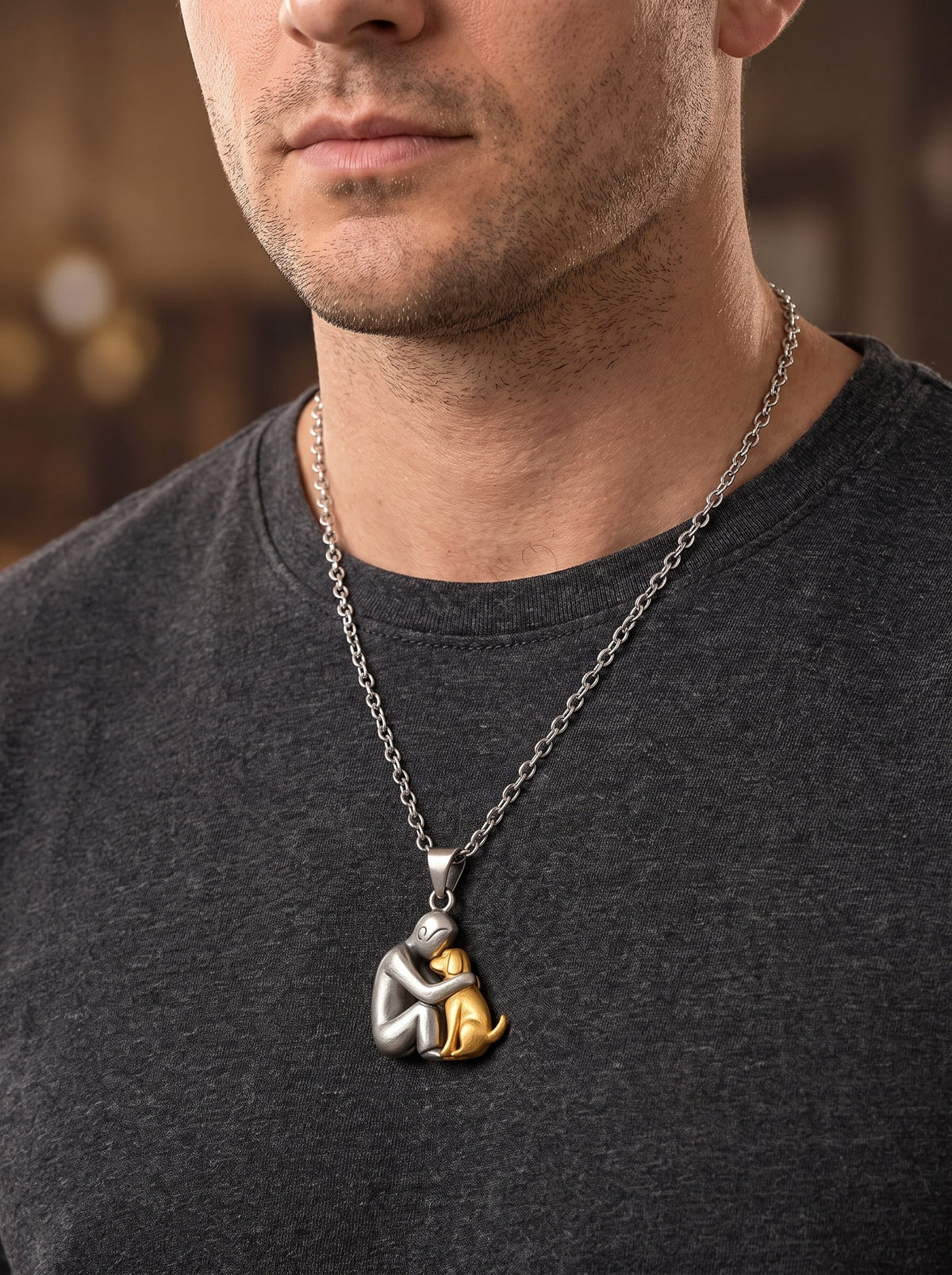 Man wearing the Lindalia Eternal Hug Pet Necklace, dog edition