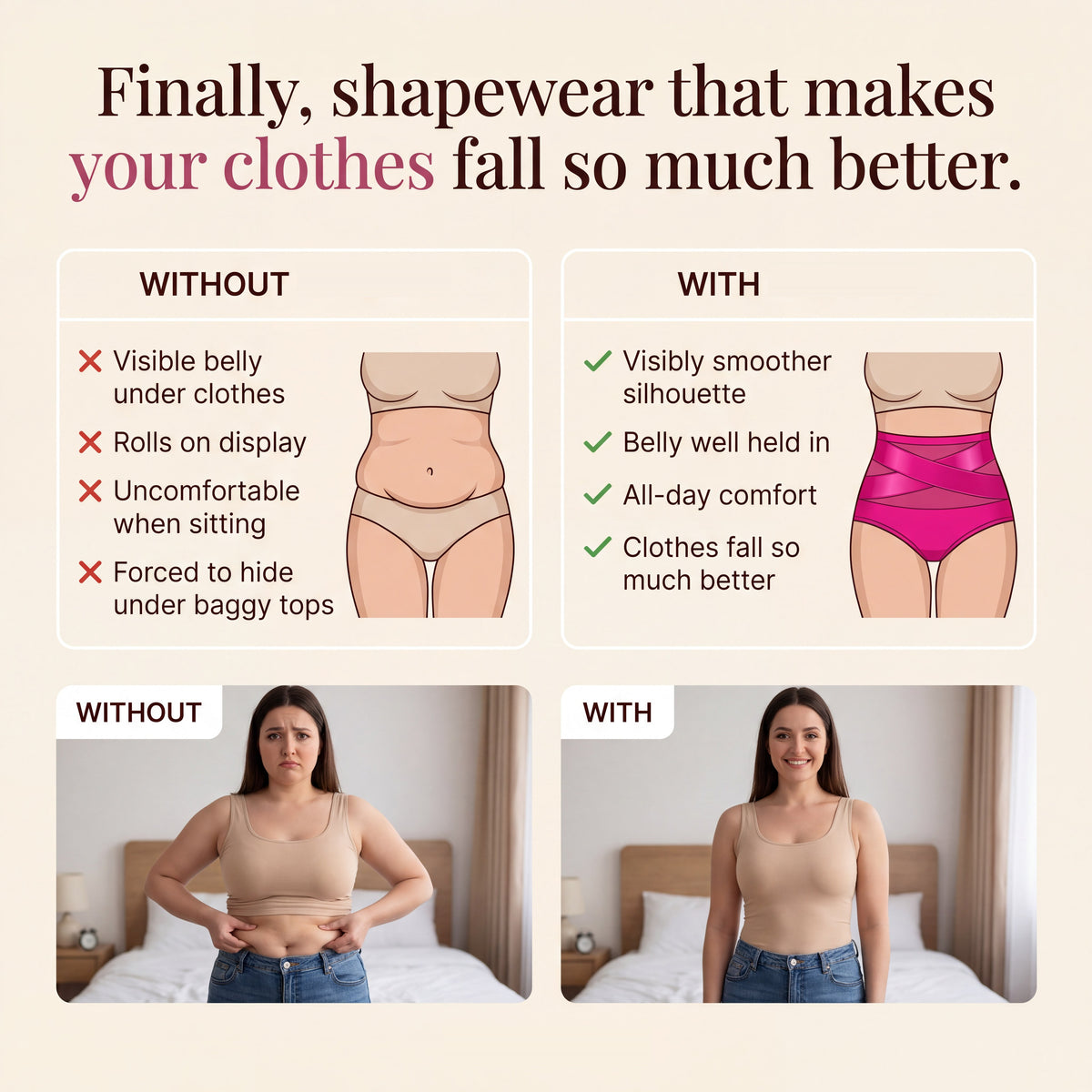 Lindalia High-Waist Sculpt Shaping Brief, shapewear that makes your clothes fall better, without and with