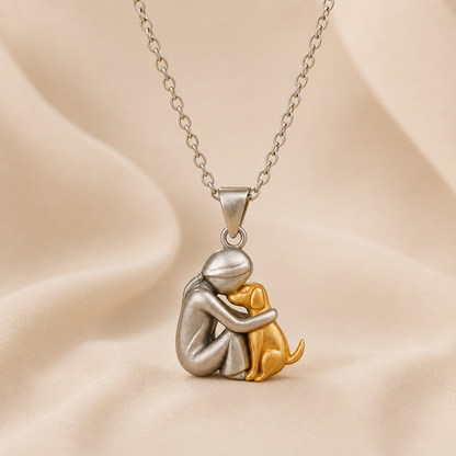 Lindalia Eternal Hug Pet Necklace, Woman and Dog, Gold