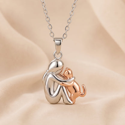 Lindalia Eternal Hug Pet Necklace, Woman and Cat, Rose Gold
