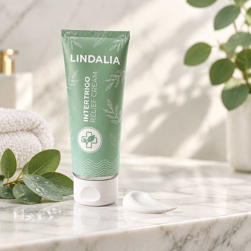 Lindalia Intertrigo Relief Cream on a marble shelf