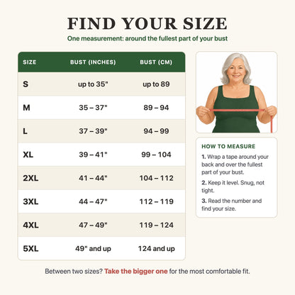 Built-In Bra Comfort Shaper Tank size guide, S to 5XL