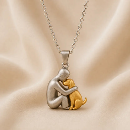 Lindalia Eternal Hug Pet Necklace, Man and Dog, Gold