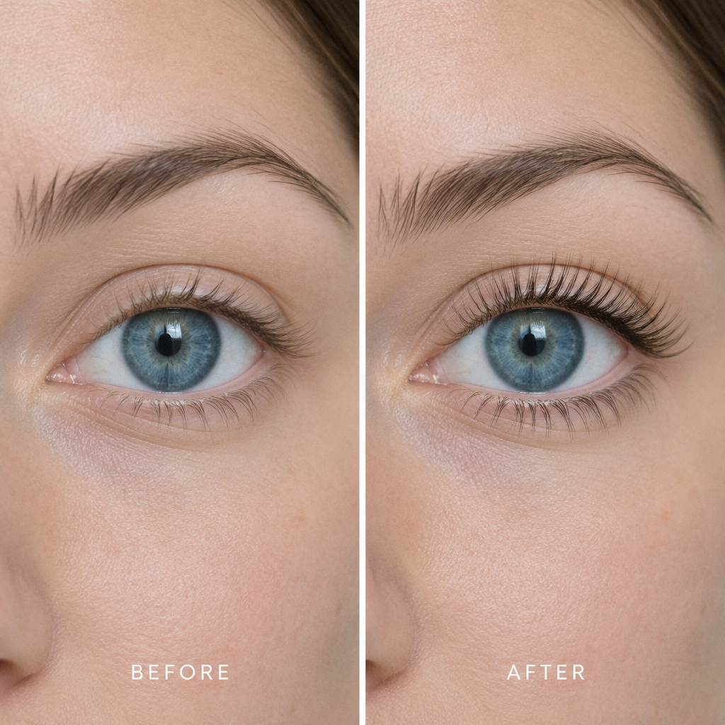 Lashes before and after, blue eyes