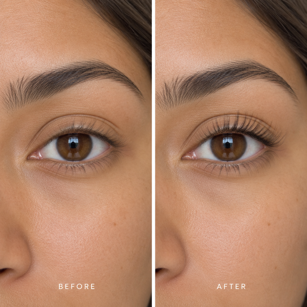 Lashes before and after, brown eyes