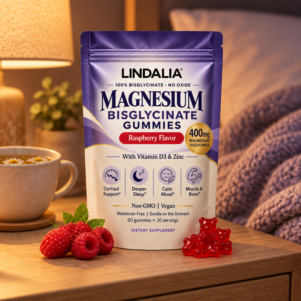 Lindalia Magnesium Bisglycinate Gummies on a nightstand