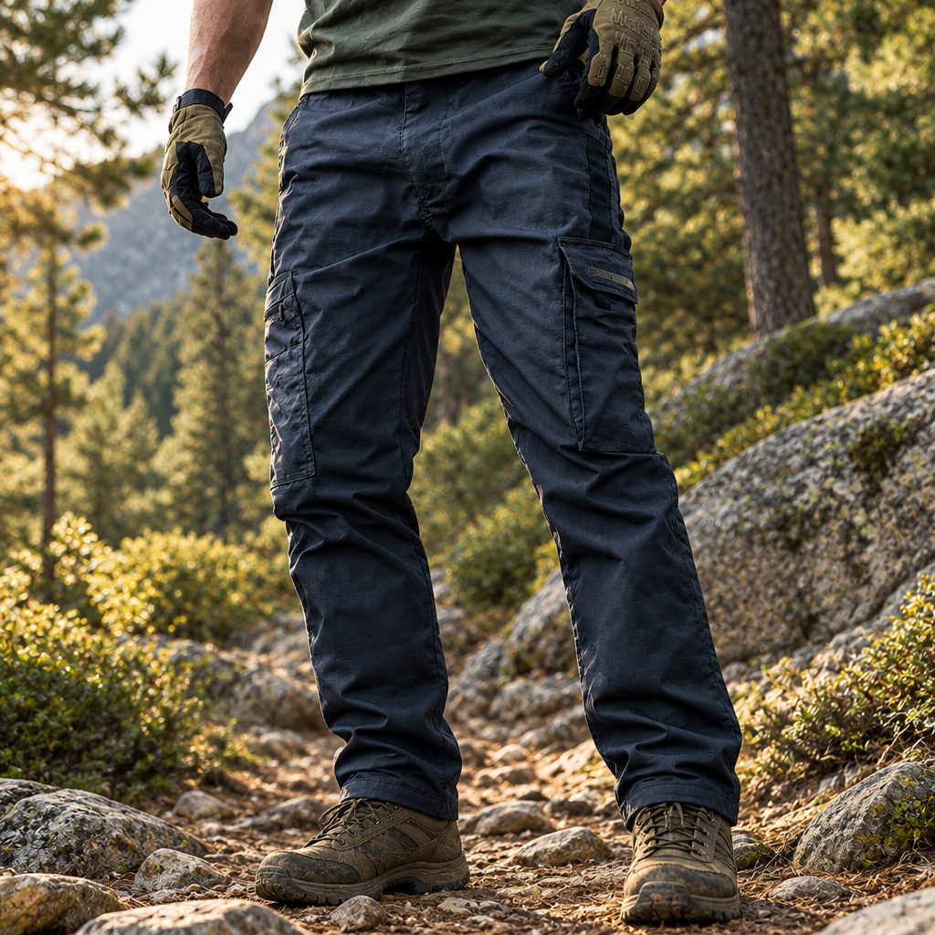 Man wearing Lindalia tactical utility pants on a forest trail