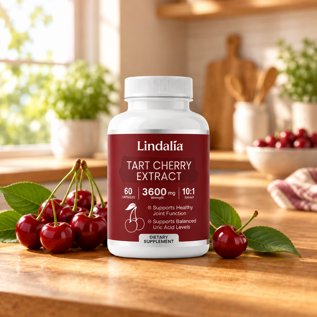 Lindalia Tart Cherry Extract bottle with fresh cherries